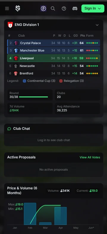 Soccerverse league table on a phone